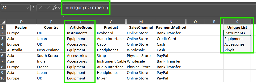 Excel-Tabelle mit Daten zu Regionen, Produkten und Zahlungsmethoden. Eindeutige Elemente in der Spalte „Artikelgruppe“ mit sichtbarer Excel-Formel aufgelistet.