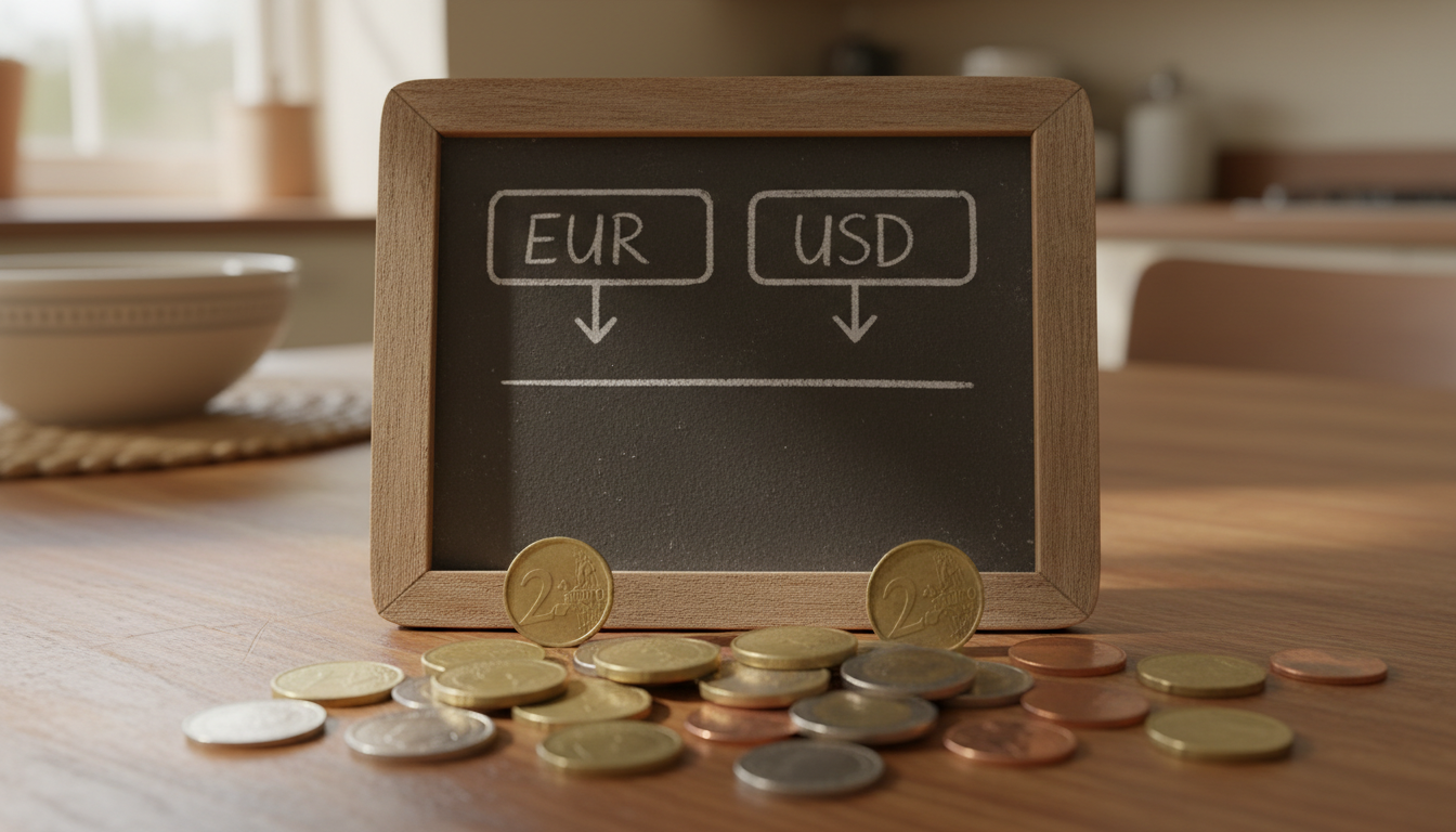 Eye-level view of a small chalkboard showing two currency dropdown choices beside mixed coins