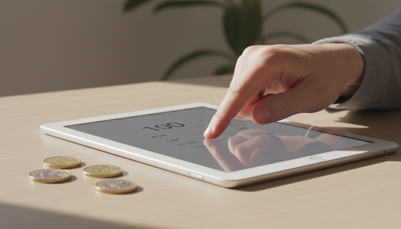Close-up view of a hand entering an amount into a simple currency calculator on a tablet