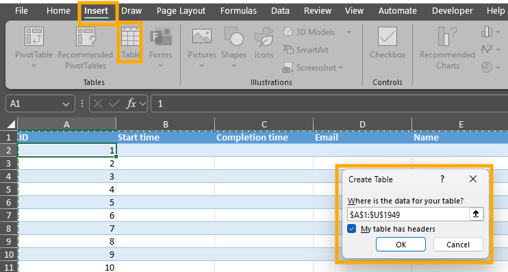 Excel-Bildschirm mit der Registerkarte „Einfügen“ und der Tabellenerstellung. Eine blau umrandete Tabelle listet IDs und Zeiten auf. Ein Dialogfeld mit der Bezeichnung „Tabelle erstellen“ ist sichtbar.