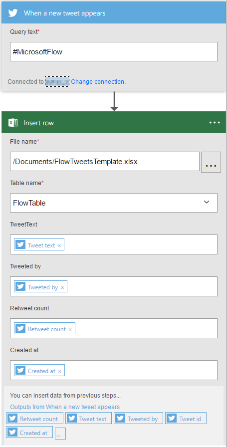 Flussdiagramm, das einen Automatisierungsprozess zeigt: Ein neuer Tweet mit #MicrosoftFlow löst das Hinzufügen von Daten zu einer Excel-Datei mit dem Namen „FlowTweetsTemplate.xlsx“ aus.