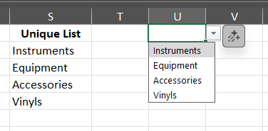 Excel-Tabelle mit einer Spalte mit dem Titel „Eindeutige Liste“ mit den Elementen: Instrumente, Ausrüstung, Zubehör, Vinyls. Ein Dropdown-Menü spiegelt diese Liste wider.