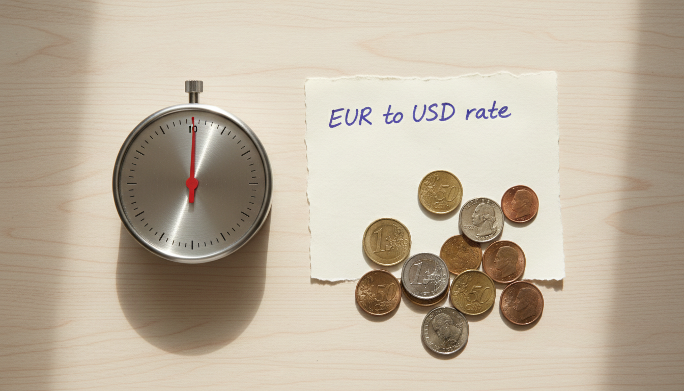 Overhead view of a kitchen timer beside a handwritten exchange-rate note