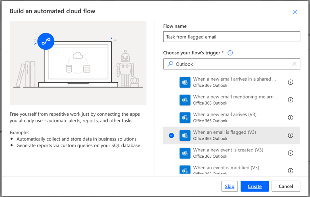 Automatisierte Einrichtung des Cloud-Flows mit Aufgabenoptionen für Outlook. Enthält illustrativen Computer und Roboter. Text: „Befreien Sie sich von repetitiver Arbeit.“