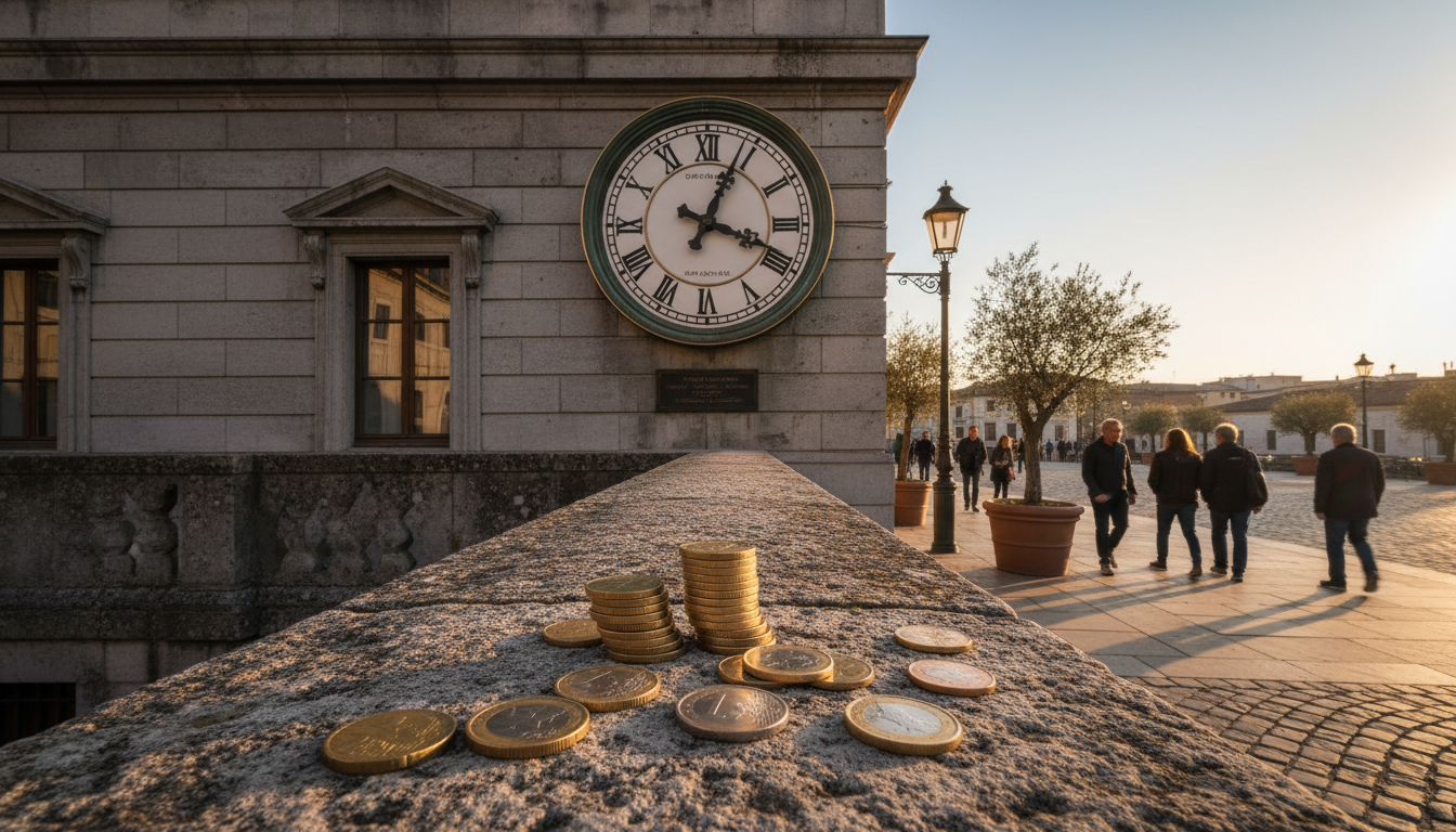 Wide-angle view of a public clock near a European bank building with coins in the foreground