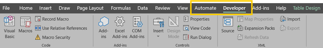 Excel toolbar screenshot showing tabs: Automate (yellow highlight) and Developer. Options include Visual Basic, Macros, and various add-ins.