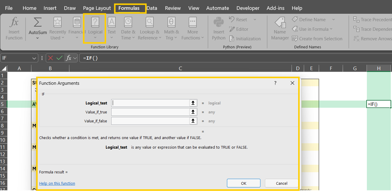 Spreadsheet interface with a highlighted Formulas tab. An IF function window is open, showing fields for logical test, value if true, and value if false.