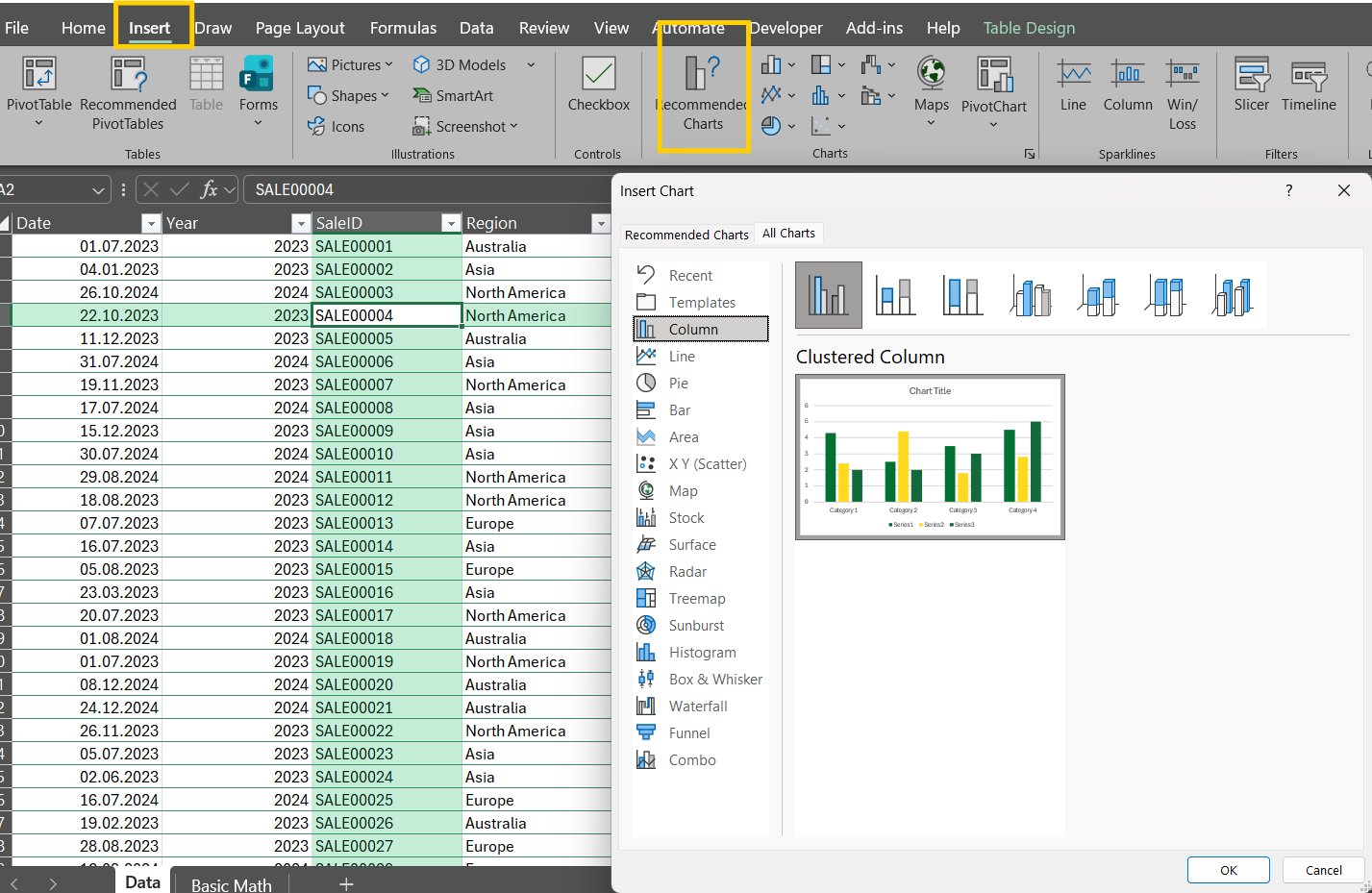 Spreadsheet with sales data by region and year; Excel toolbar highlighted. Insert Chart window with clustered column preview displayed.