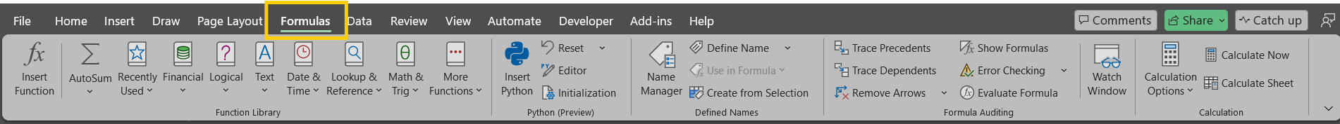 Excel menu bar highlighting the "Formulas" tab in yellow. Options include Function Library, Defined Names, and Formula Auditing.