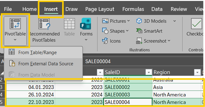 Spreadsheet interface showing a PivotTable menu, with highlighted "Insert" tab. Below, a table lists sales data by ID and region, with dates.