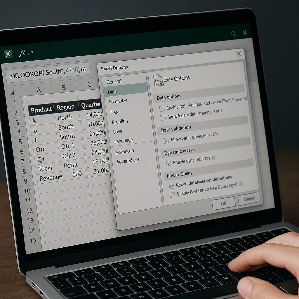Laptop showing Excel with formula '=XLOOKUP('South', 4246, B)' in a spreadsheet. Excel Options menu open. Hand on keyboard, office setting.