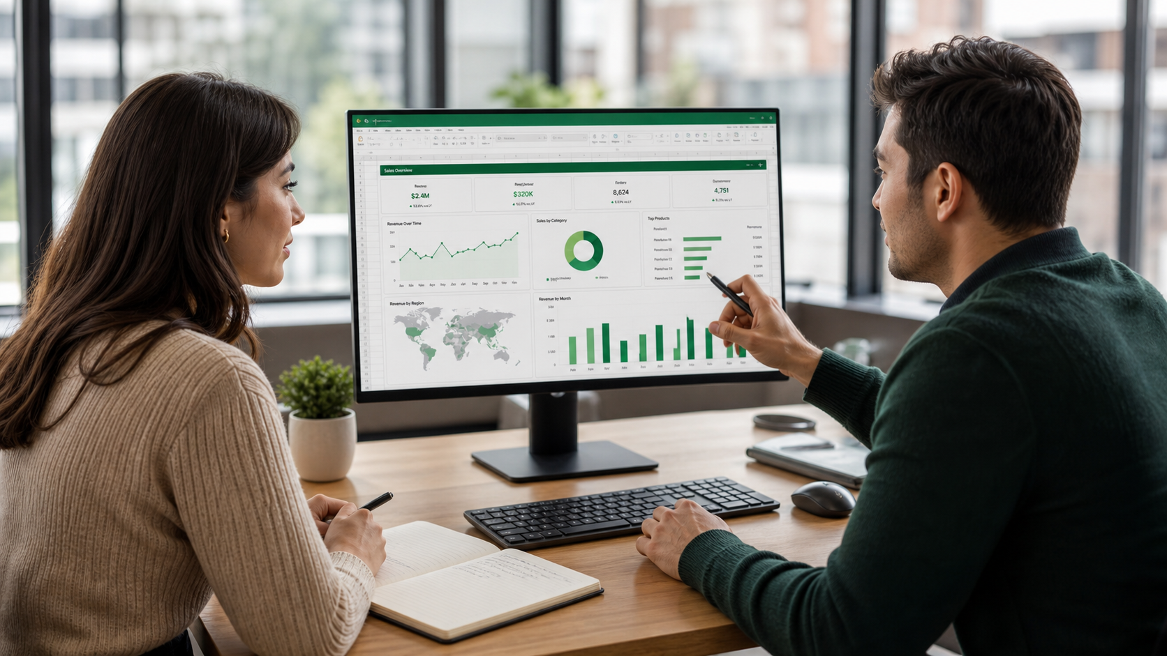 An instructor guiding a learner through an analytics dashboard
