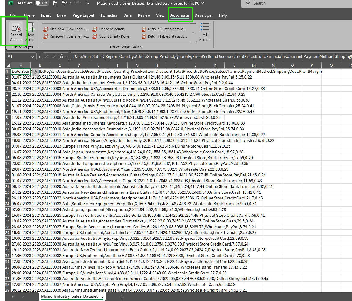 Excel spreadsheet showing music industry sales data with columns like date, region, products. Green box highlights "Record Actions" button.