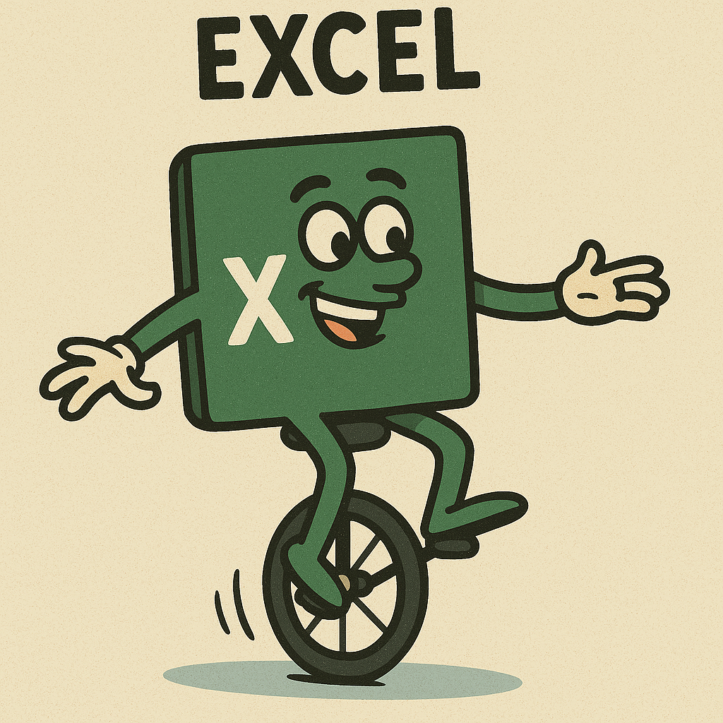 Crtana ikona Excela vozi monocikl, ispruženih ruku i smiješi se. Slika ima vintage izgled s bež pozadinom. Tekst: "EXCEL".