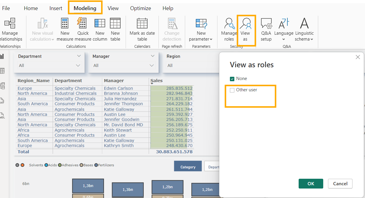 Power BI-Dashboard mit einer Tabelle mit Abteilungen und Verkäufen sowie einem Rollendialogfeld „Anzeigen als“. Menüoptionen gelb hervorgehoben.