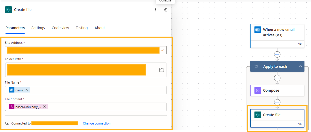 Flussdiagramm zum Erstellen einer Datei in einer App. Wichtige Eingaben wie Site-Adresse und Dateipfad sind orange hervorgehoben. Der verbundene Schritt zeigt den E-Mail-Trigger.