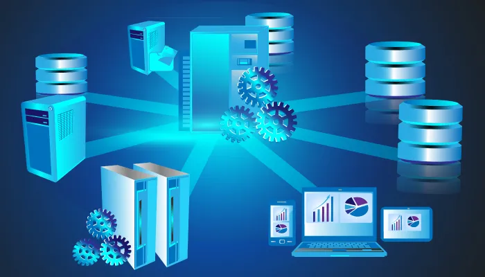 Blau getönte Grafik von miteinander verbundenen Servern, Datenbanken und Geräten mit Diagrammen auf Bildschirmen, die Datennetzwerke und Technologie symbolisieren.