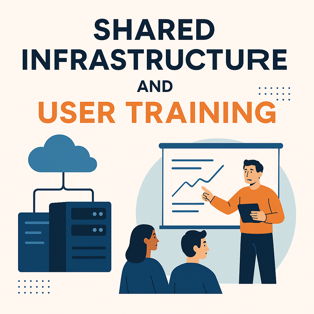Man presents on a chart to two seated individuals. Text reads "Shared Infrastructure and User Training." Blue and orange theme.
