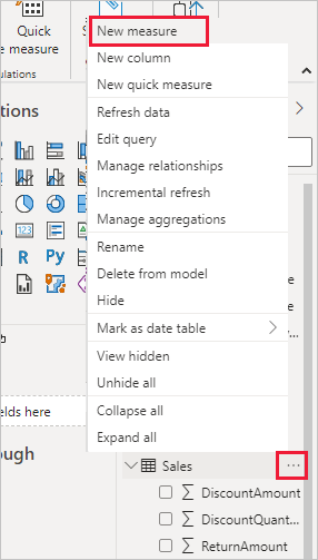 Context menu in a data analytics software shows various options like New measure, New column. The menu and Sales data fields are highlighted.