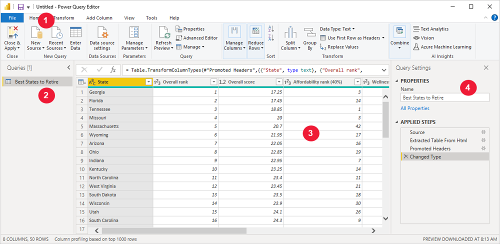 Das Power Query-Editor-Fenster zeigt einen Datensatz mit dem Titel „Best States to Retire“ mit Spalten wie „Bundesstaat“, „Gesamtrang“ und „Punktzahl“. In der Symbolleiste sind verschiedene Symbole und Tools sichtbar.