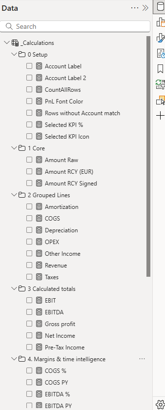 Data panel showing nested categories: Setup, Core, Grouped Lines, Calculated totals, and Margins, each with labeled checkboxes like Account Label and EBITDA.