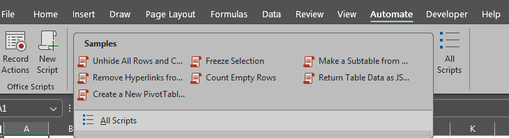 Excel toolbar screenshot displaying "Automate" tab. Various script options visible, such as "Unhide All Rows," "Freeze Selection," on a gray menu.