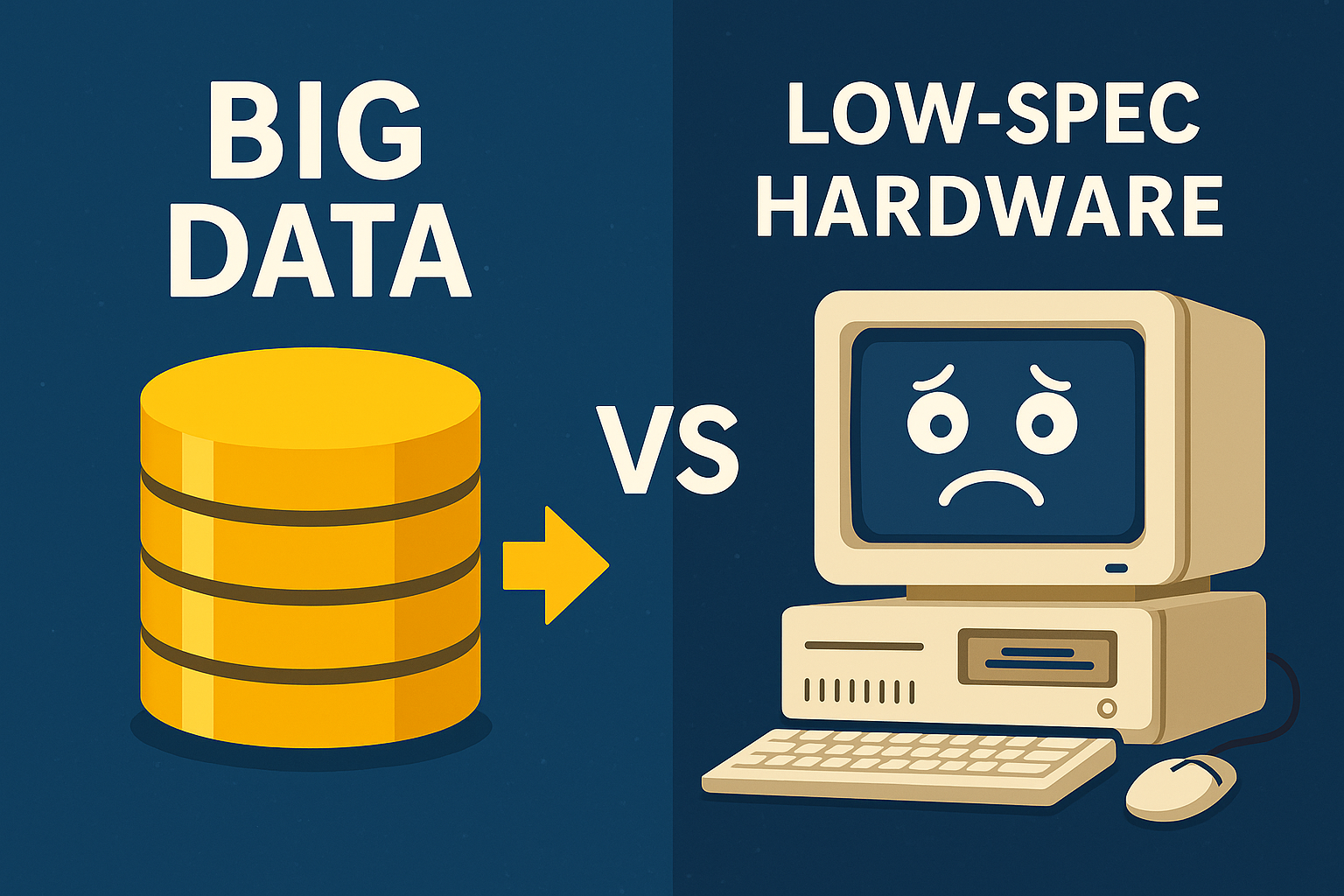 Yellow data stack and downward arrow opposing beige computer with sad face, labeled "BIG DATA vs LOW-SPEC HARDWARE" on dark blue.