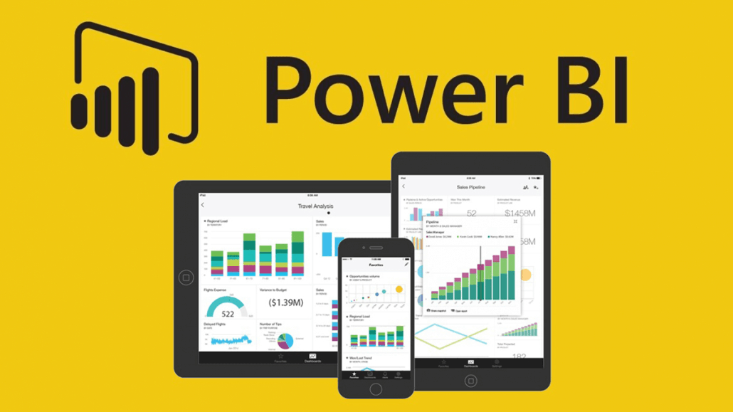 Power BI-Logo auf gelbem Hintergrund, daneben Tablet und Smartphone mit Datenanalysen und farbigen Diagrammen auf den Bildschirmen.