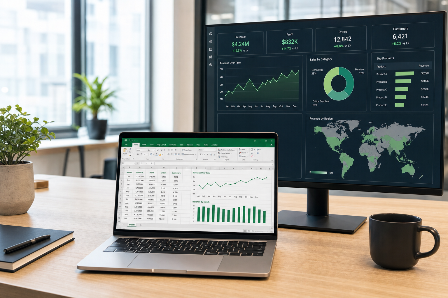 Excel finance model displayed beside a business dashboard