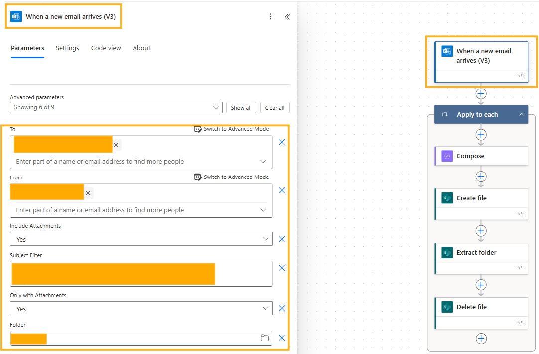 Flussdiagramm und Einstellungen für die E-Mail-Automatisierung werden angezeigt. Es werden Parameter wie „An“, „Von“ und „Betrefffilter“ angezeigt.