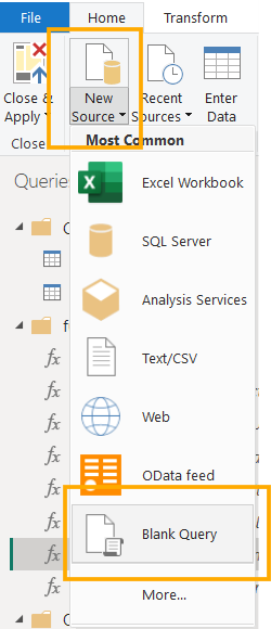 Menu screenshot showing "New Source" under "Home" tab highlighted. Options include Excel Workbook, SQL Server, and Blank Query.