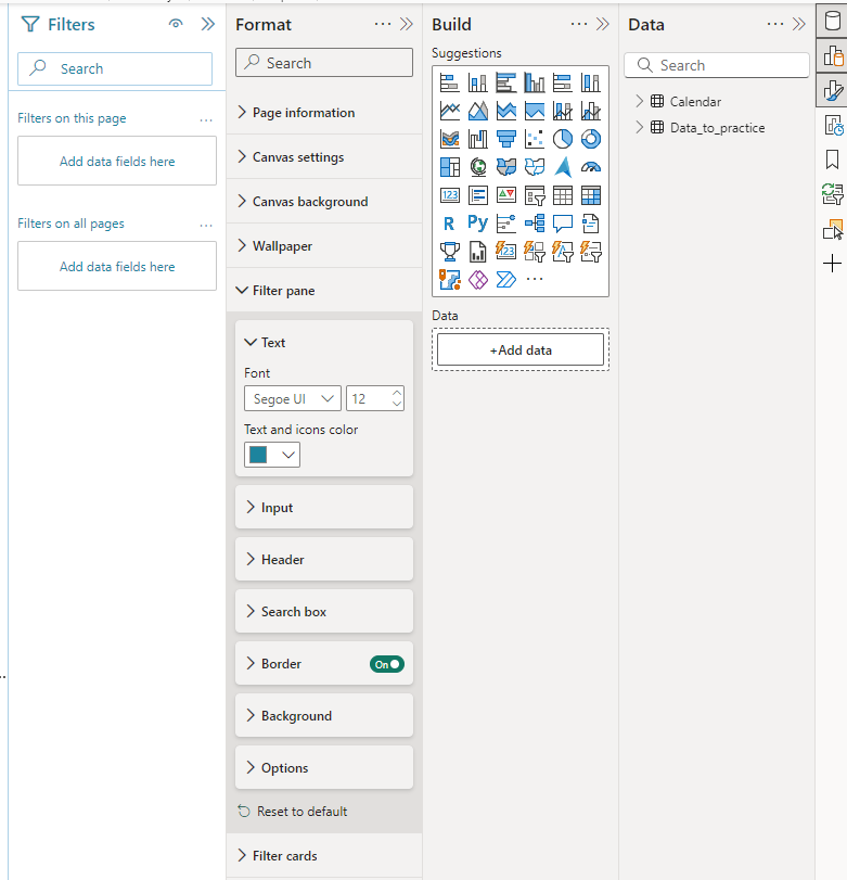 Dashboard-Oberfläche mit Filtern, Formatierungen und Datenregisterkarten. Enthält farbige Symbole für Diagramme, Textoptionen und eine Datenliste.