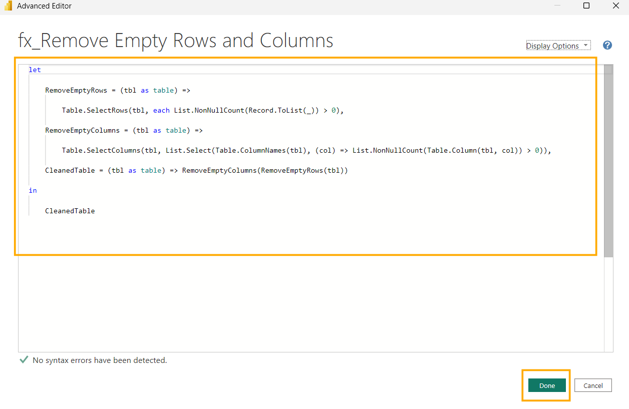 Advanced Editor window displaying code to remove empty rows/columns in a table. Green "Done" button highlighted at bottom.