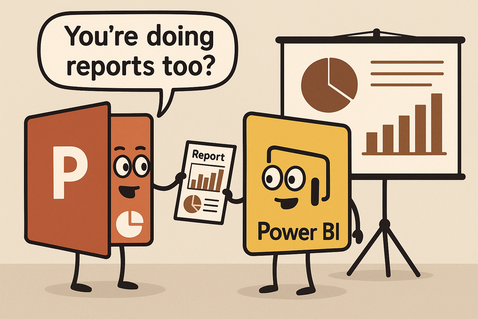 Cartoon von PowerPoint- und Power BI-Charakteren, die einen Bericht besprechen. Power BI enthält ein Diagramm mit Grafiken. Text: „Erstellen Sie auch Berichte?“