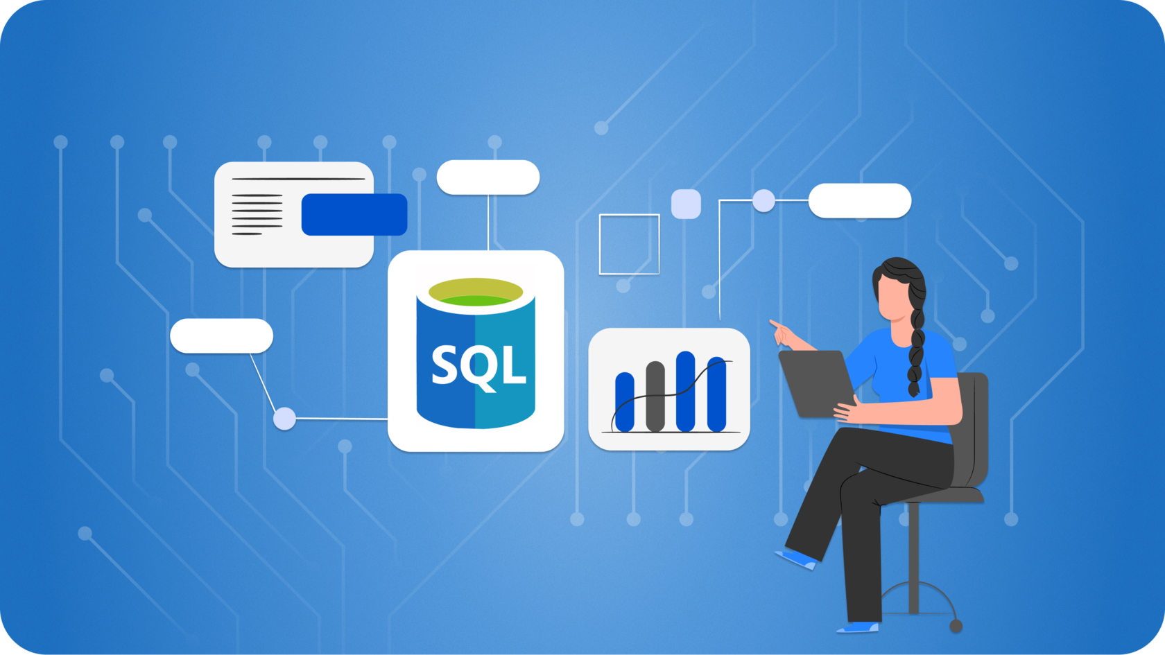 Frau auf einem Stuhl zeigt auf SQL-Daten auf einem digitalen blauen Hintergrund mit Netzwerklinien, Diagrammen und einer Farbpalette.