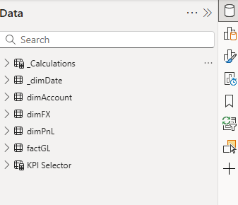 Data panel showing a list of tables including _Calculations and dimDate. Icons on the right for actions like bookmarks and refresh.