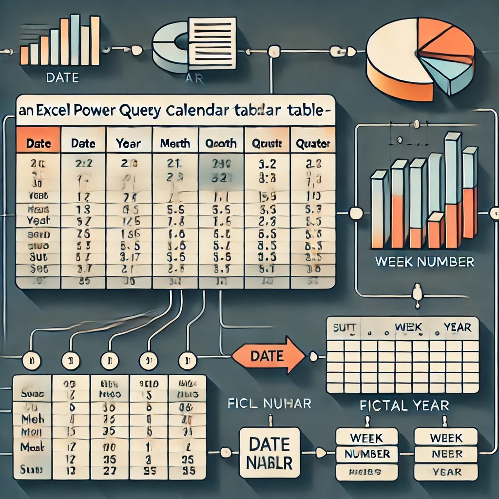 Abstrakte Infografik mit Excel-Daten, mit bunten Balken- und Kreisdiagrammen, einem tabellarischen Kalender, Flussdiagrammelementen und beschrifteten Abschnitten.