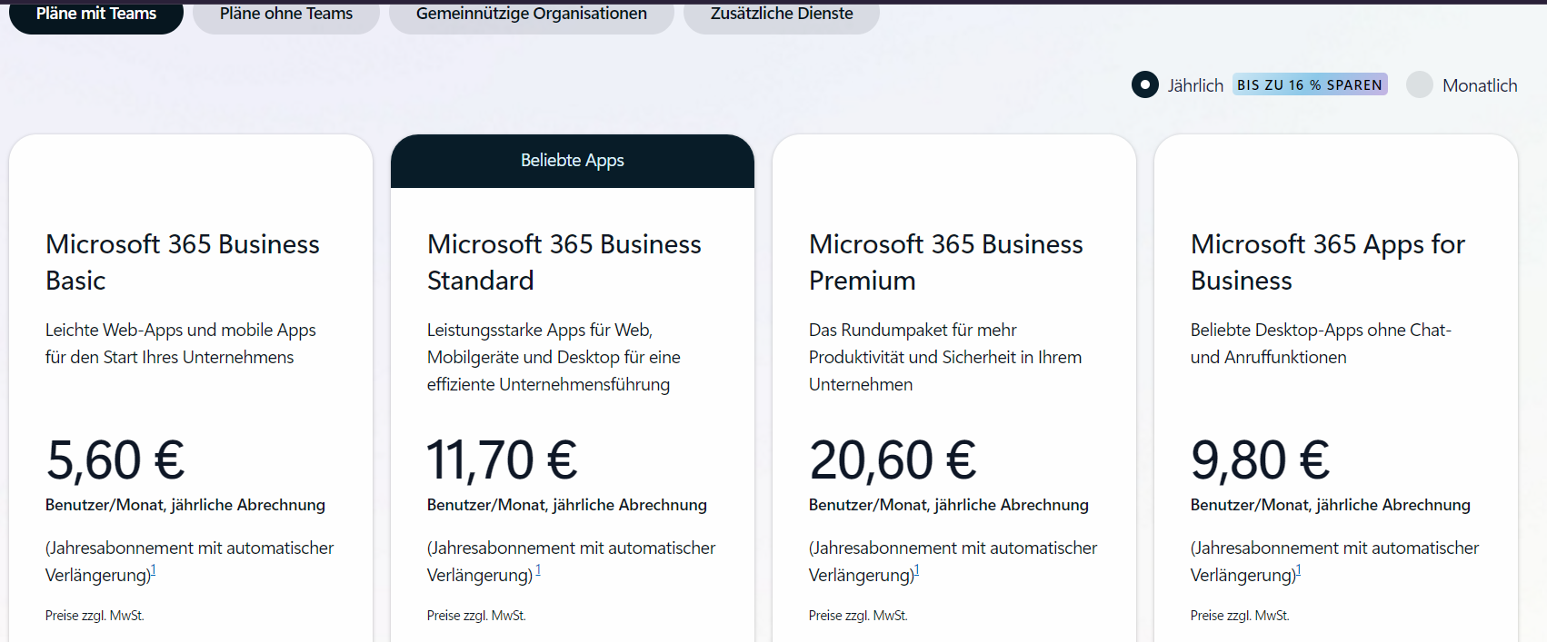 Microsoft 365 pricing chart with four plans: Business Basic, Standard, Premium, and Apps for Business. Prices range from €5.60 to €20.60.