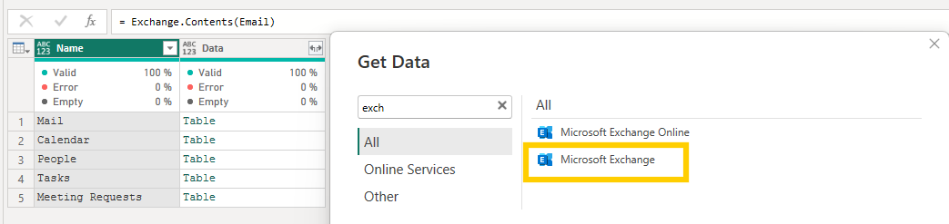 Excel Power Query-Schnittstelle mit einer Datentabelle mit Spalten für E-Mail, Kalender und Auswahlen für Microsoft Exchange.