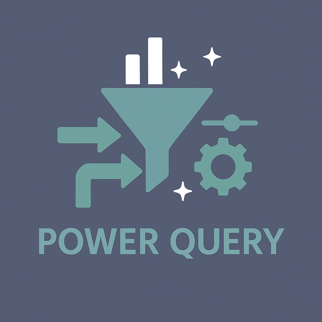 Trichter-, Pfeil-, Diagramm- und Zahnradsymbole auf blaugrauem Hintergrund. Text „POWER QUERY“ darunter; das Design suggeriert Datenverarbeitung.