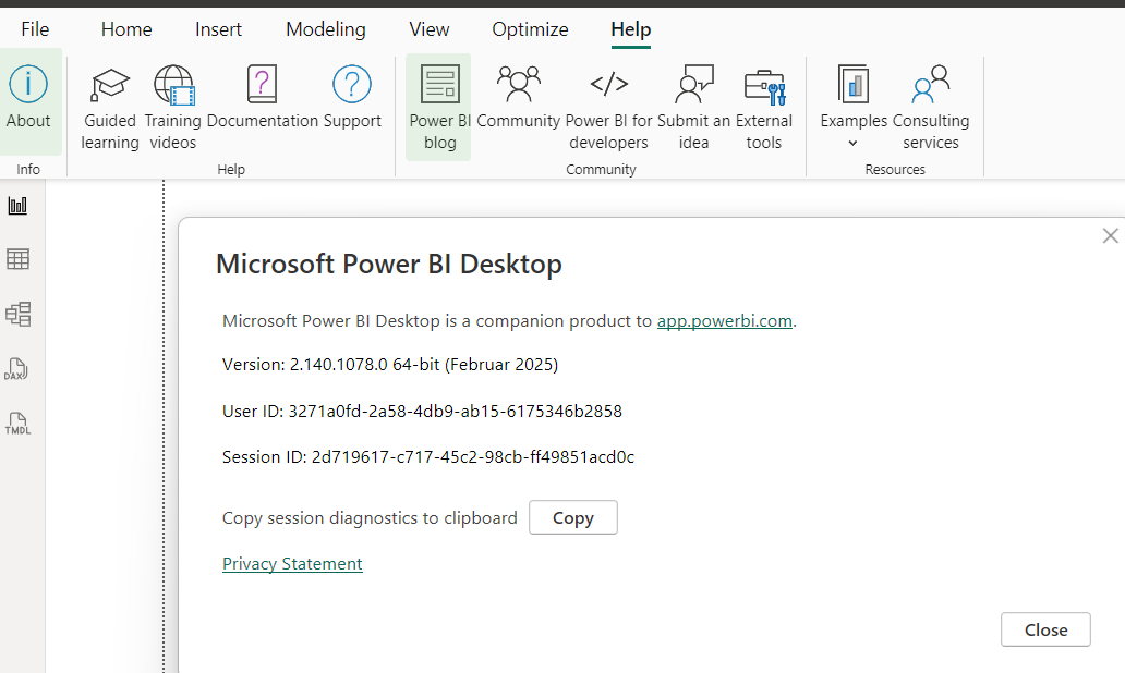 Microsoft Power BI Desktop-Hilfefenster mit Versionsinformationen, Benutzer-ID, Sitzungs-ID und einer Schaltfläche „Kopieren“. Menüleiste oben mit Symbolen.