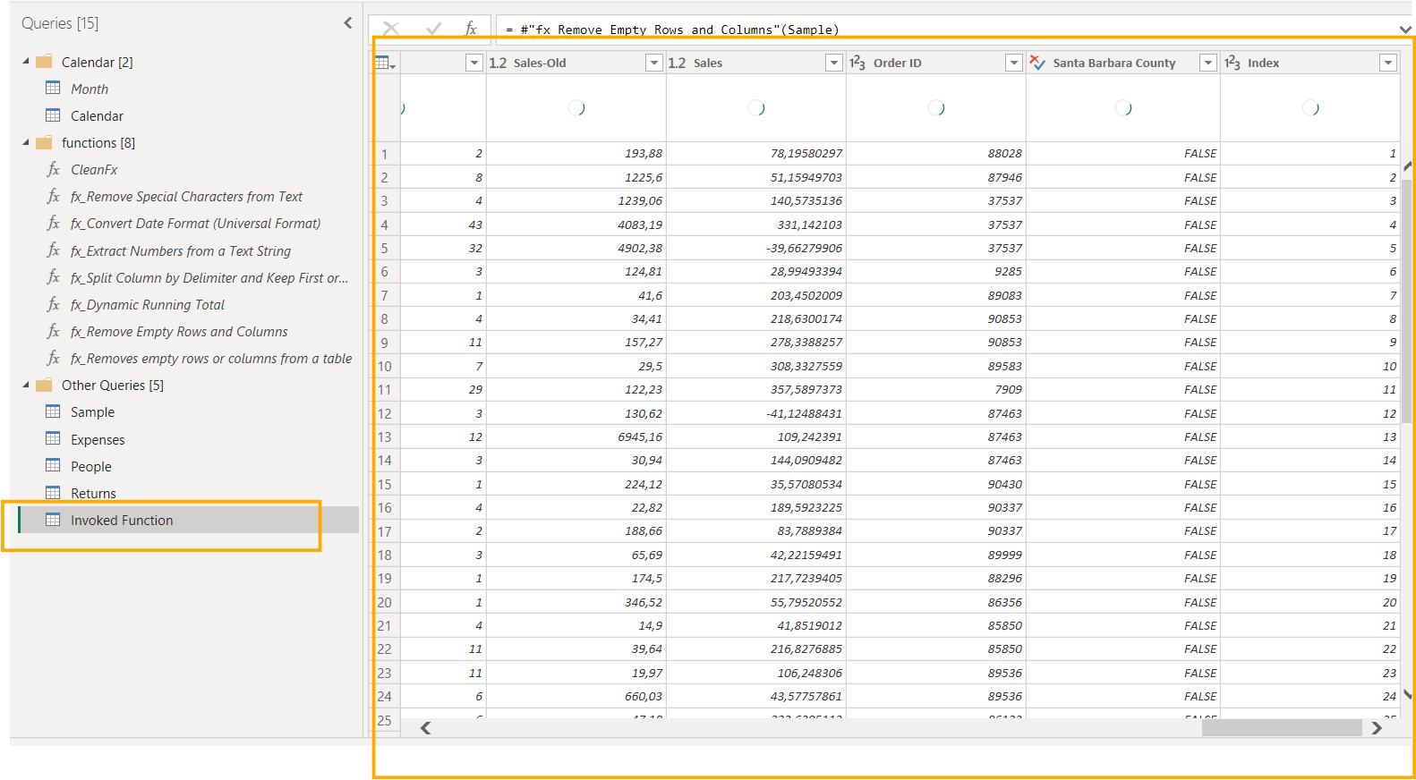 Spreadsheet interface showing data columns like Sales, Order ID. Queries list on the left, highlighted "Invoked Function." Light background.