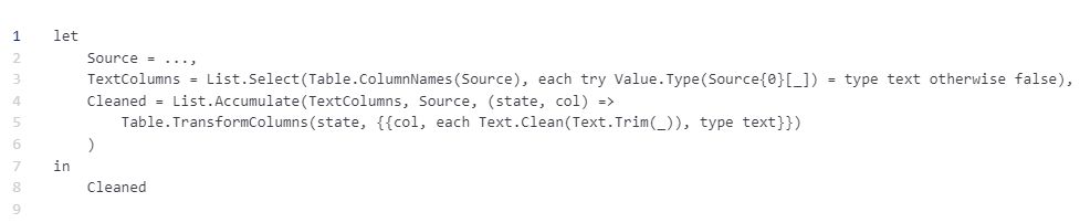 Screenshot of a code snippet in Power Query M language. It begins with "let" and includes variables for selecting and cleaning text columns.