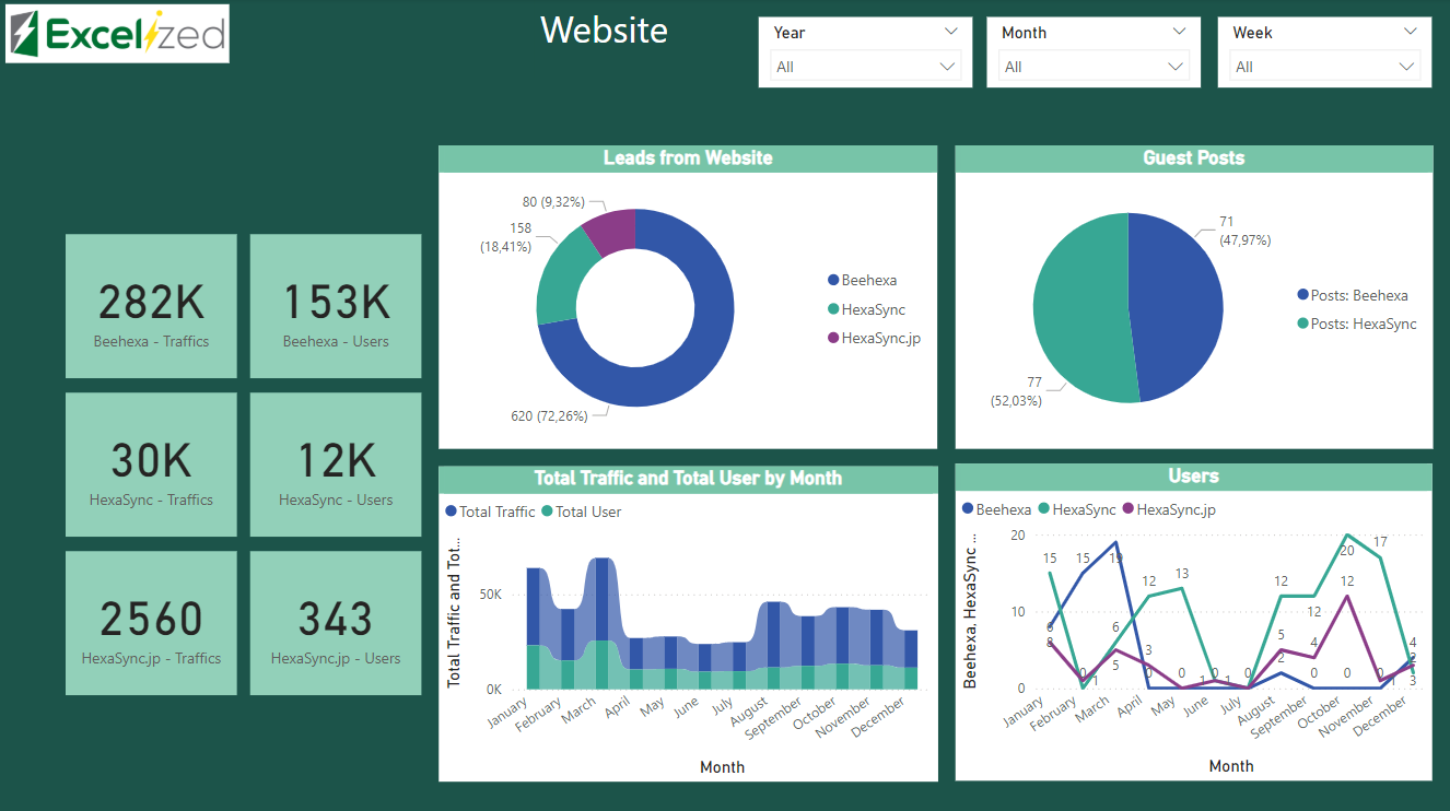 Dashboard mit Kreis- und Liniendiagrammen, die Website-Verkehr und Benutzer für Beheexa und HexaSync anzeigen. Zu den Kennzahlen gehören monatliche Daten und Leads.