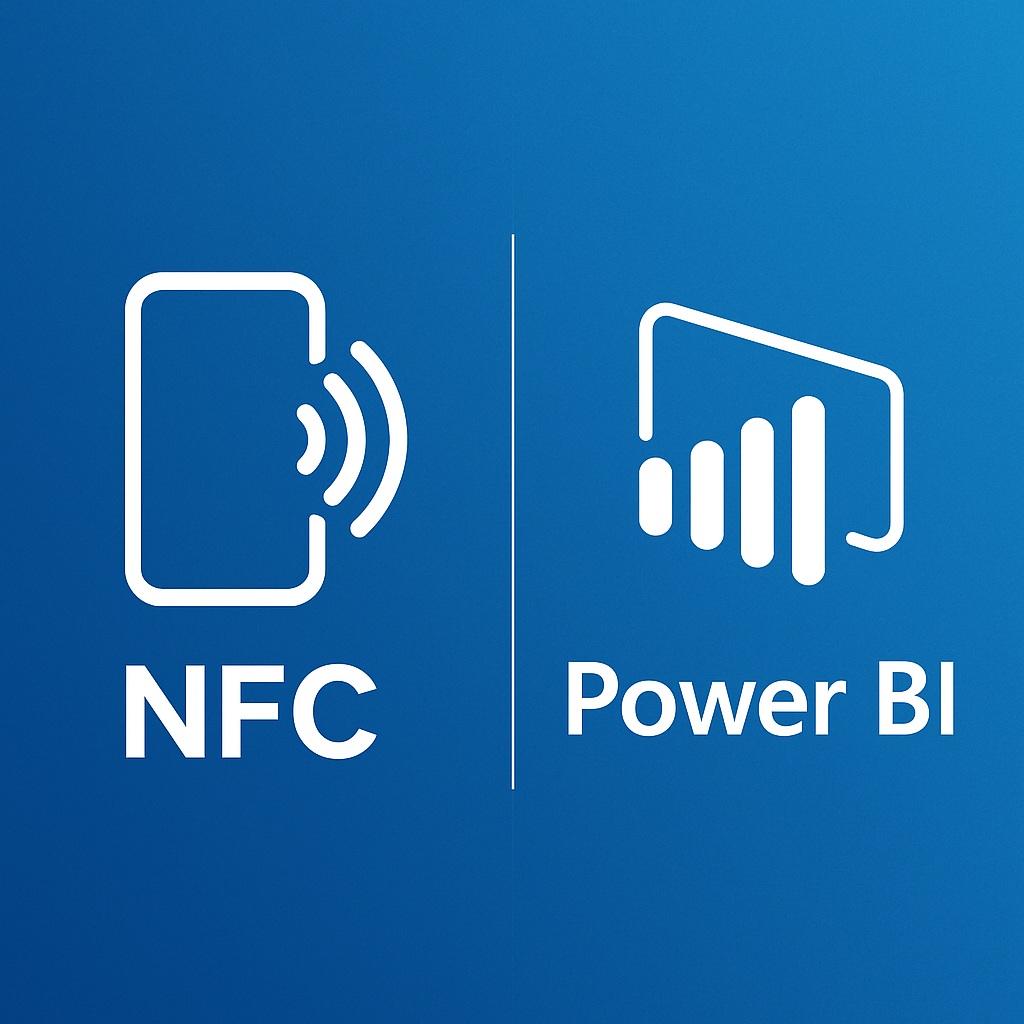 Digital graphic showing NFC and Power BI integration. The left side displays an NFC icon with a smartphone emitting signal waves, and the right side shows the Power BI logo with a bar chart symbol. Both icons are white on a gradient blue background, separated by a thin vertical white line.