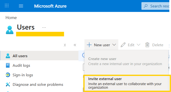Microsoft Azure user management screen. Options shown: "New user," "Create new user," and "Invite external user."
