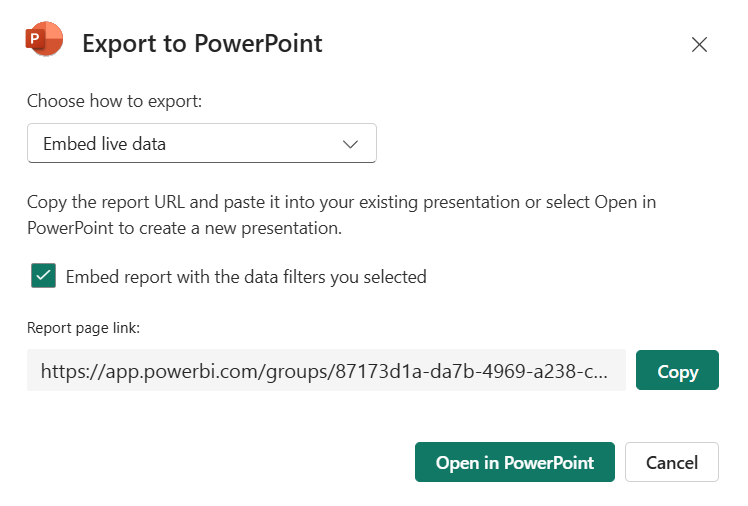 Dialogfeld „Nach PowerPoint exportieren“ in Power BI. Optionen zum Einbetten von Livedaten, Verlinken zum Bericht und Schaltflächen zum Kopieren oder Öffnen in PowerPoint.