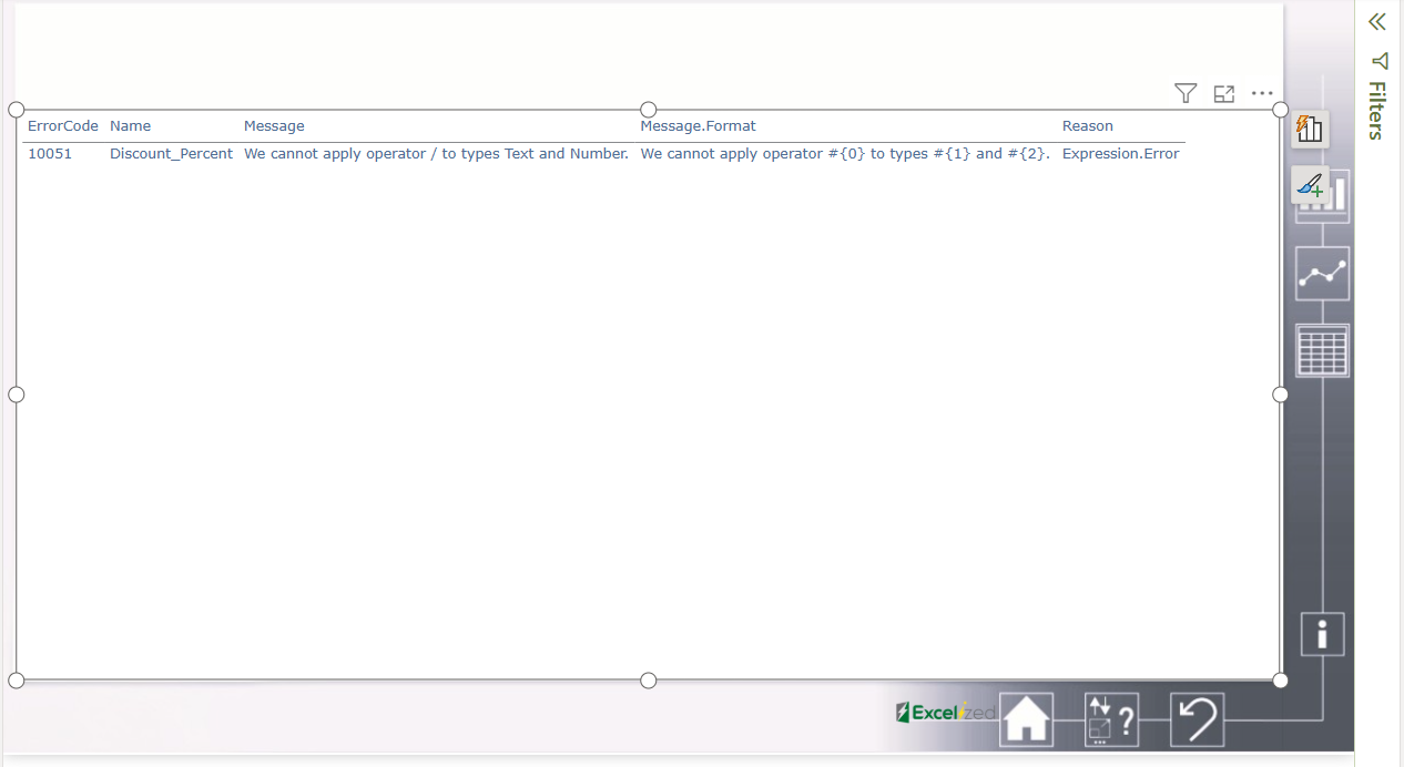 Excel-Fehlermeldung in Tabelle: "We cannot apply operator / to types Text and Number." Graues Interface, Excelized-Logo.