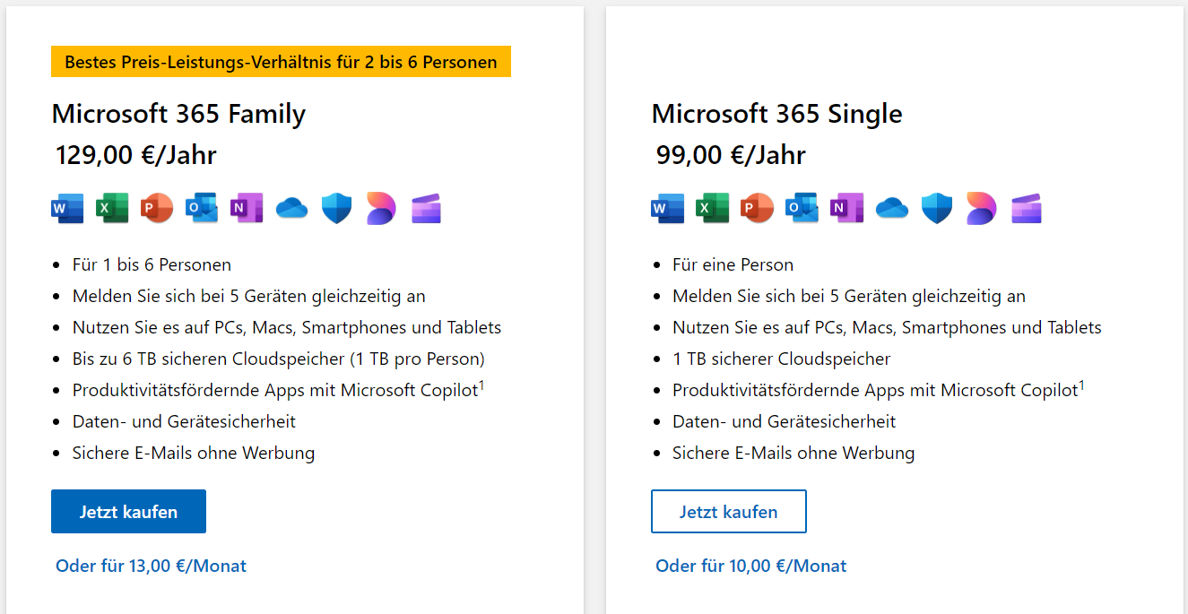 Two Microsoft 365 plans: Family (€129/year) for 6 users, Single (€99/year) for 1 user. Features icons and blue "Jetzt kaufen" buttons.