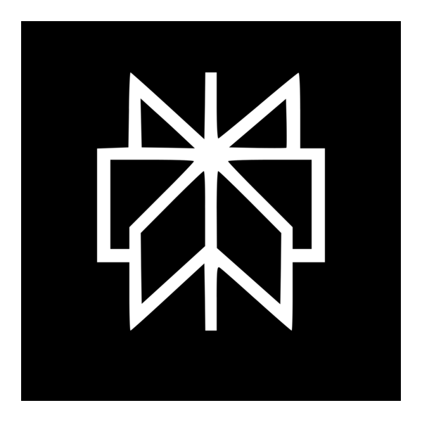 Bijeli geometrijski logo u obliku zvijezde s oštrim rubovima na crnoj pozadini, koji podsjeća na pahuljicu ili apstraktni cvjetni dizajn.
